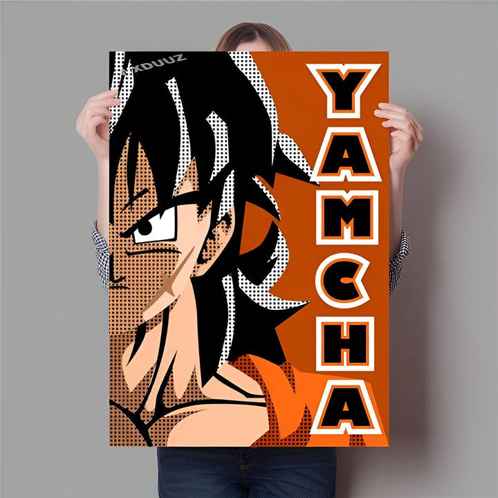 Une affiche d'un personnage de Dragon Ball Z, Yamcha. Il est représenté avec un fond orange et noir, et son nom est écrit en japonais.,PO-8910373474,PO-3202899694