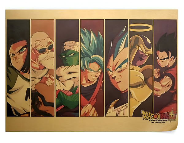 L'image représente les personnages du manga Dragon Ball Z. On y voit Goku, Vegeta, Piccolo, Gohan, Trunks et Krilin.,PO-3567431420