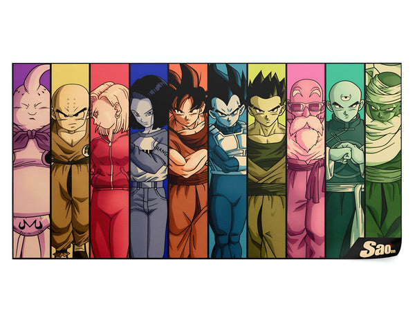 Une illustration de personnages de la série Dragon Ball Z. On y voit, de gauche à droite, Majin Buu, Krilin, C-18, Son Goku, Vegeta, Piccolo, Trunks et Yamcha.,PO-2607730953