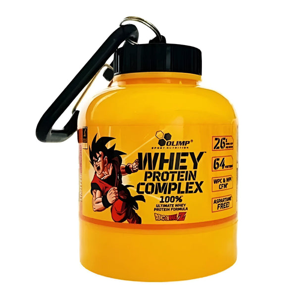 Une image d'une bouteille jaune de proteine en poudre avec un personnage de Dragon Ball Z dessus.,PO-0629698368