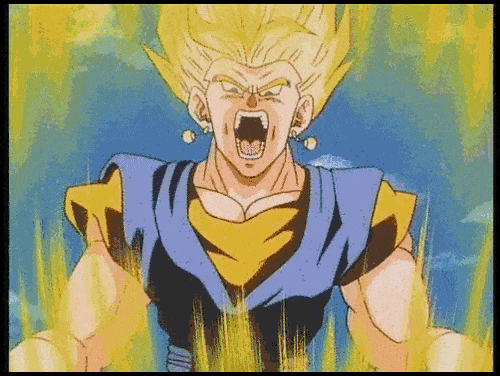 L'image représente un personnage de dessin animé, Vegeta, qui est en train de se transformer en Super Saiyan. Il est entouré d'une aura jaune et ses cheveux sont devenus blonds.,PO-8112919321