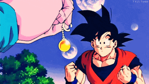 Une image de Son Goku, un personnage de Dragon Ball Z, souriant et regardant une boule de cristal.,PO-8112919321