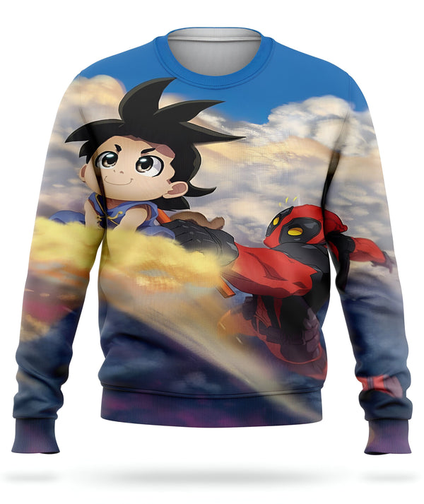 Une image d'un pull-over bleu avec un motif de Son Goku et Deadpool. Son Goku est un personnage de la série animée Dragon Ball Z et Deadpool est un personnage de la série Marvel Comics.,PU-4939980529,PU-4233686308,PU-7522201861,PU-2155846312,PU-0218098669,PU-6554241892,PU-3929238152,PU-5445490408