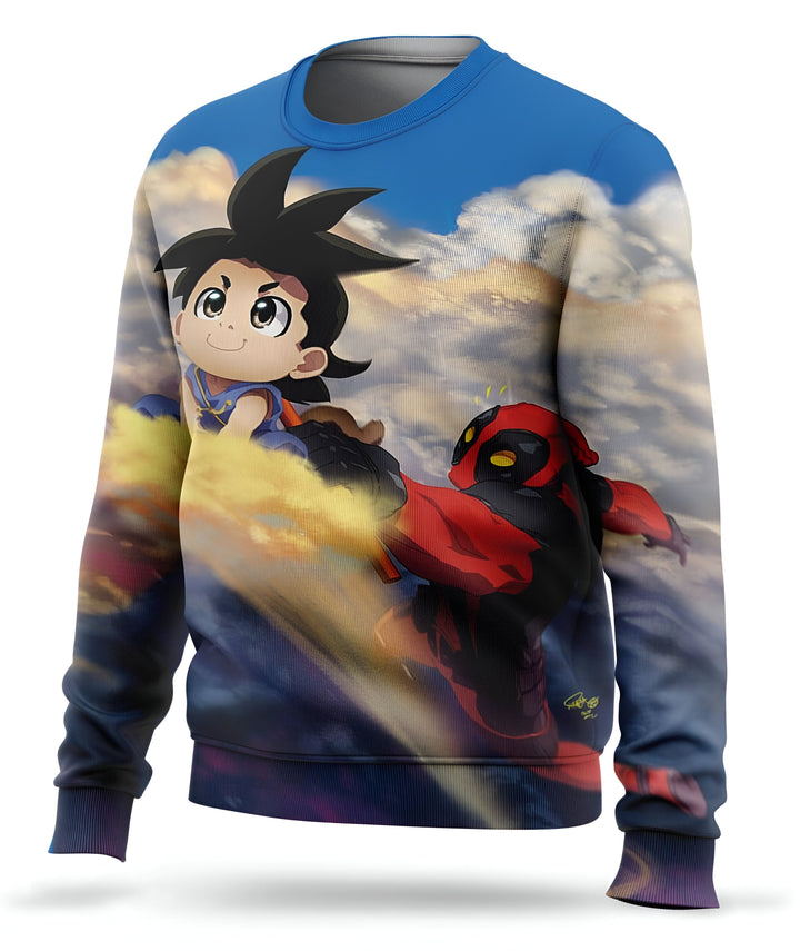Une image d'un pull bleu avec un personnage de dessin animé dessus. Le personnage est un jeune garçon avec des cheveux noirs et des yeux bleus. Il porte une combinaison bleue et jaune. Il est assis sur un nuage et sourit. A côté de lui se trouve un autre personnage, Deadpool. Deadpool est un anti-héros Marvel. Il porte un costume rouge et noir. Il a un masque qui cache son visage. Il est assis sur un nuage et tient une épée.