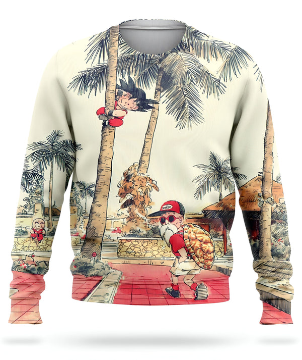 L'image représente un pull-over blanc avec un motif Dragon Ball Z. On y voit Goku et Krilin en train de s'entraîner sur une île tropicale.,PU-4239712831,PU-2082365514,PU-8959518913,PU-5505781268,PU-0557221382,PU-3062423331,PU-7115648921,PU-6321495085