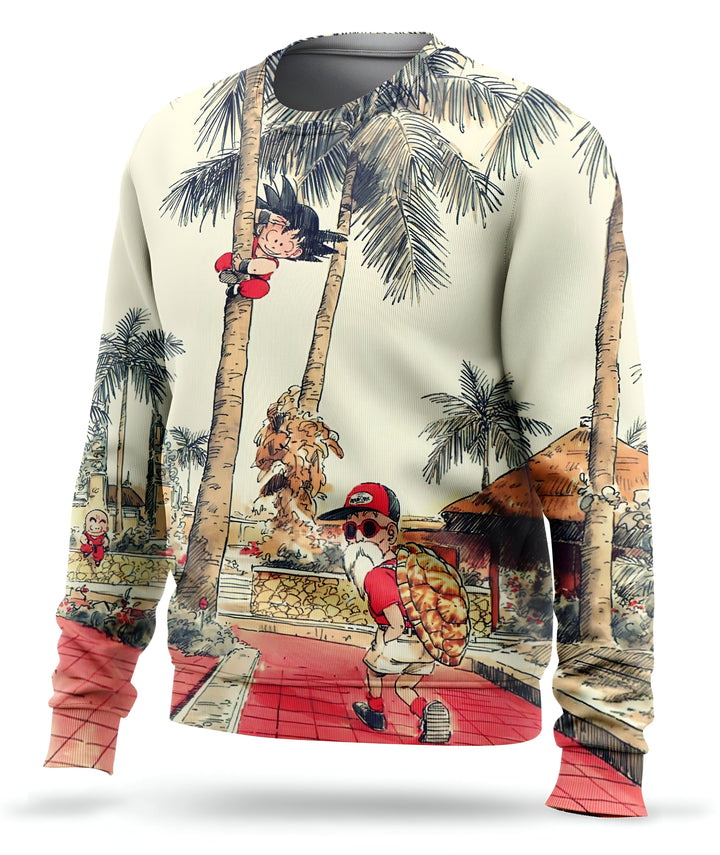 L'image représente un sweat-shirt beige avec un motif Dragon Ball Z. On y voit Goku, un jeune garçon aux cheveux noirs, en train de grimper à un palmier. Tortue Géniale, un vieil homme chauve avec une moustache blanche, est en train de marcher en dessous de lui. Il porte une carapace de tortue sur le dos. Le sweat-shirt est également décoré de plusieurs autres personnages de Dragon Ball Z, comme Bulma, Yamcha et Krilin.