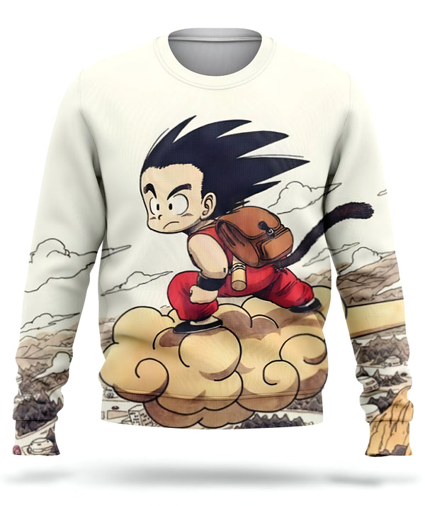 L'image représente un pull-over blanc avec un personnage de dessin animé, Son Goku, qui est un jeune garçon avec des cheveux noirs et des yeux bleus. Il porte une combinaison orange et une ceinture bleue. Il est assis sur un nuage et tient un bâton dans sa main droite. En arrière-plan, on peut voir des montagnes et des nuages.,PU-7007027024,PU-915125607X,PU-0937246948,PU-7864502741,PU-2318175640,PU-4097652842
