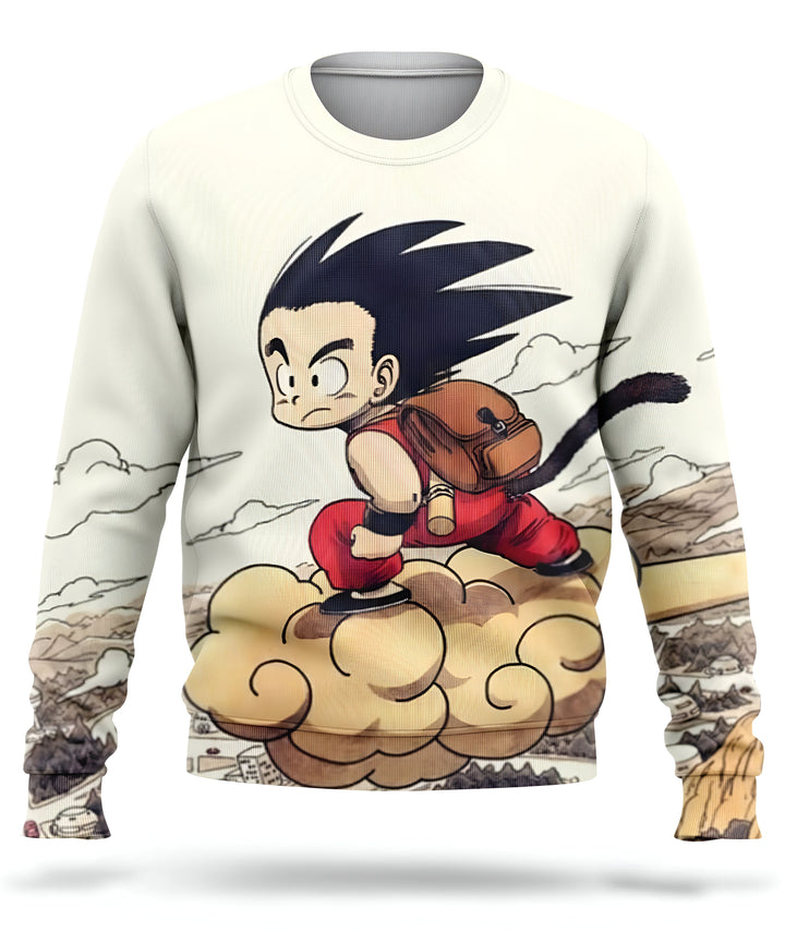 L'image représente un pull-over blanc avec un personnage de dessin animé, Son Goku, qui est un jeune garçon avec des cheveux noirs et des yeux bleus. Il porte une combinaison orange et une ceinture bleue. Il est assis sur un nuage et tient un bâton dans sa main droite. En arrière-plan, on peut voir des montagnes et des nuages.,PU-7007027024,PU-915125607X,PU-0937246948,PU-7864502741,PU-2318175640,PU-4097652842