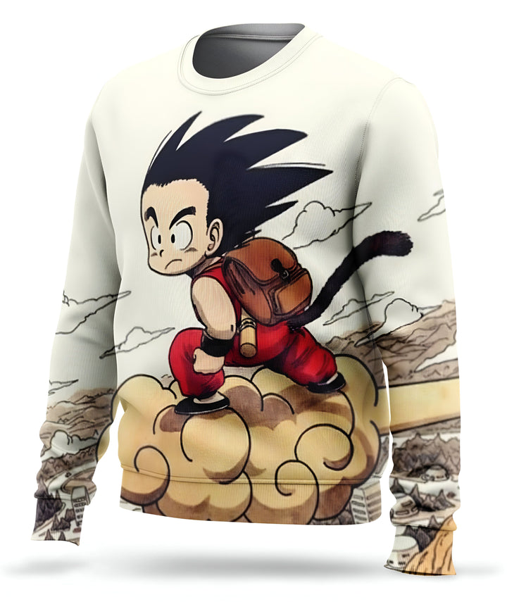 L'image représente un sweat-shirt à manches longues de couleur blanche avec un imprimé du personnage Son Goku de la série animée Dragon Ball Z. Son Goku est représenté en train de voler sur un nuage, vêtu de son costume orange et bleu. Il porte un sac à dos et a les cheveux noirs hérissés. Le sweat-shirt est disponible en plusieurs tailles et convient aussi bien aux hommes qu'aux femmes.,PU-7007027024,PU-915125607X,PU-0937246948,PU-7864502741,PU-2318175640,PU-4097652842
