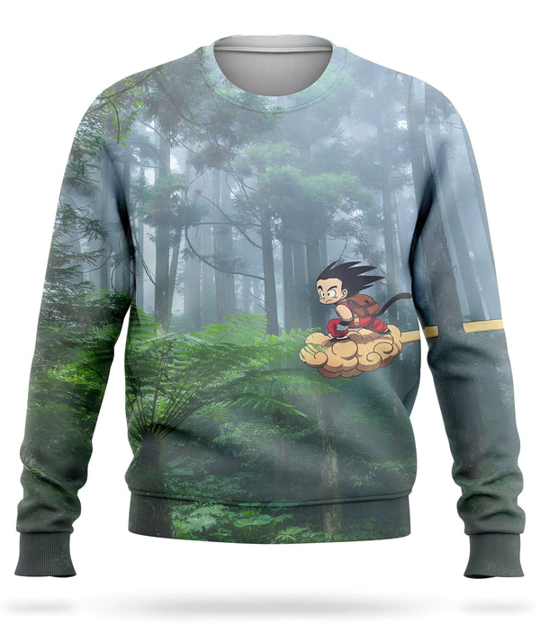 Une image d'un sweat-shirt. Sur le sweat-shirt, on peut voir un personnage de dessin animé, Son Goku, volant sur un nuage magique dans une forêt.,PU-1166147711,PU-6414934143,PU-3745090918,PU-2042121444,PU-5112005610,PU-567116964X,PU-7538084649,PU-5487711240
