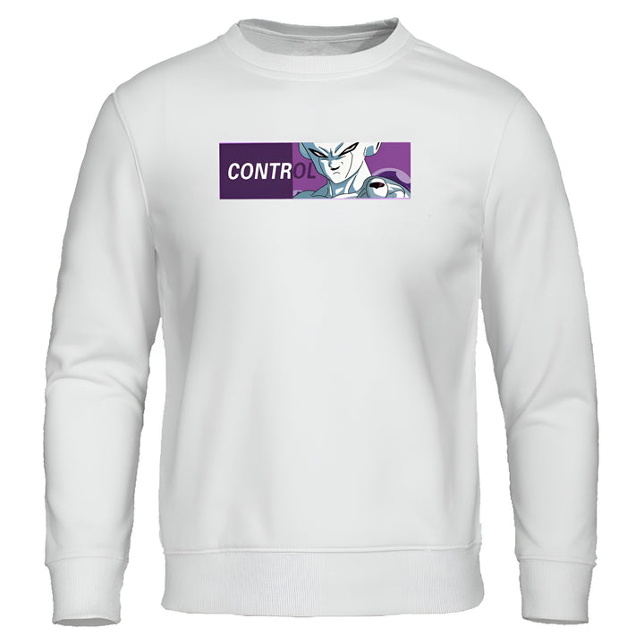 Le visuel représente un sweat-shirt blanc avec un personnage de manga, Freezer, sur le devant. Freezer est un personnage de la série Dragon Ball Z. Il est l'un des ennemis les plus puissants de Goku, le personnage principal de la série. Freezer est un tyran qui a conquis de nombreuses planètes et tué des millions de personnes. Il est très cruel et impitoyable. Le sweat-shirt est blanc avec une image de Freezer sur le devant. L'image est entourée d'un cadre violet avec le texte "CONTROL" écrit en l