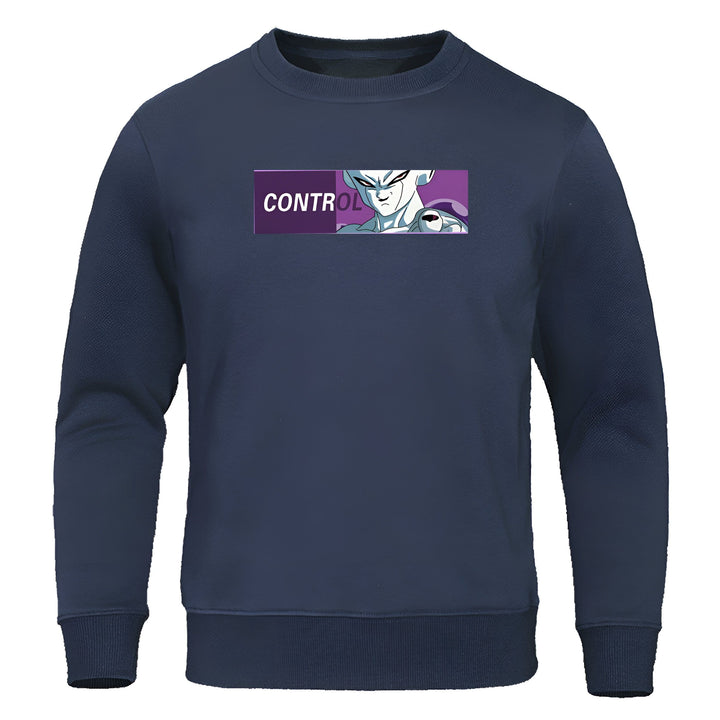 Le texte "contrôle" est écrit en lettres blanches sur une bannière violette. L'image montre un personnage de dessin animé, Freezer, qui est un extraterrestre violet avec une longue queue et des ailes. Il est vêtu d'une combinaison de combat bleue et blanche. Freezer est l'un des principaux antagonistes de la série Dragon Ball Z.