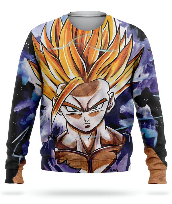 L'image représente un pull-over noir avec un imprimé du personnage de Son Gohan, un personnage de la série animée Dragon Ball Z. Il est vêtu d'une combinaison de combat bleue et orange et a les cheveux jaunes. Il est en position de combat, le regard déterminé. Le pull-over est disponible en plusieurs tailles et est parfait pour les fans de Dragon Ball Z.,PU-2666391469,PU-9564865069,PU-7497339184,PU-2875399519,PU-5806612007,PU-3508271277,PU-7828358997,PU-6692131782