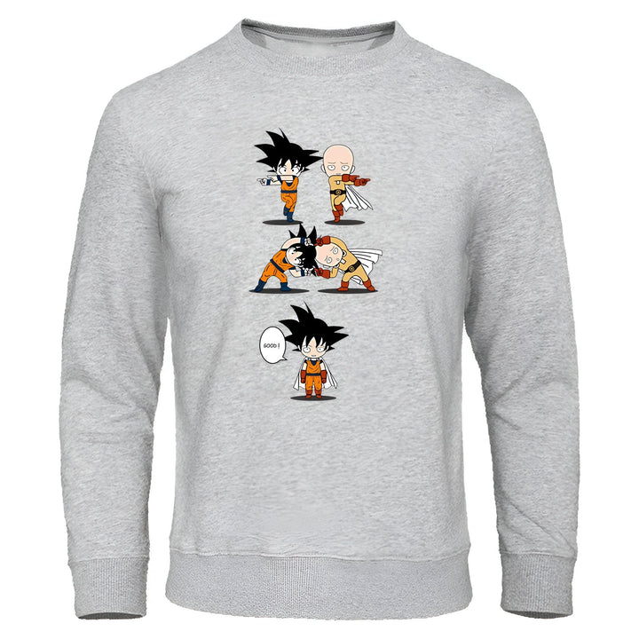 L'image représente un Saitama chauve de la série One Punch Man, en train de battre Goku de Dragon Ball Z. Saitama est vêtu de son costume de super-héros jaune et bleu, et Goku est vêtu de son gi orange et bleu. Saitama a vaincu Goku en un seul coup de poing.