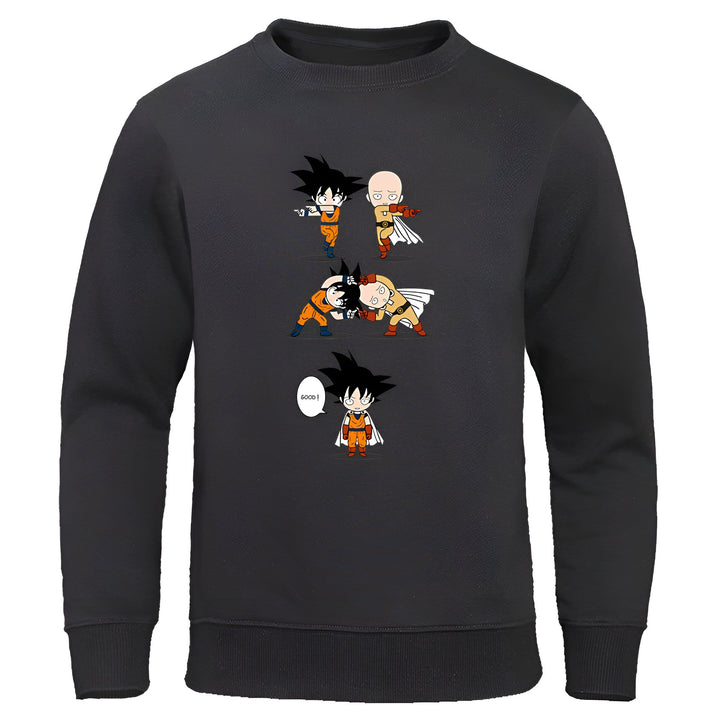 L'image représente un combat entre Goku et Saitama. Goku est un personnage de la série Dragon Ball Z, tandis que Saitama est un personnage de la série One Punch Man. Le combat est dessiné dans un style chibi, qui est un style de dessin animé japonais qui se caractérise par des personnages aux têtes et aux corps disproportionnés.