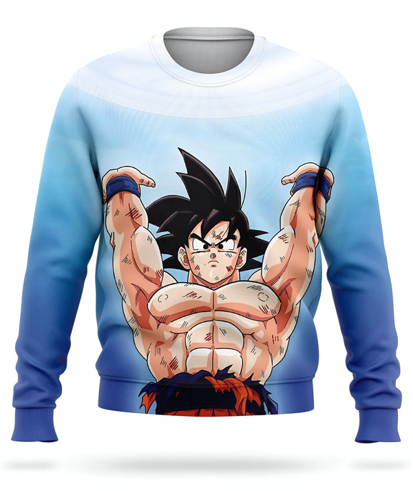 Un pull représentant Goku, un personnage de Dragon Ball Z, en train de se muscler. Il est vêtu de son costume orange et bleu et a les cheveux noirs hérissés. Le pull est bleu et blanc.,PU-7260923687,PU-0170386813,PU-1090067518,PU-7376713441,PU-3153622779,PU-4740011476,PU-7354805912,PU-1453065091