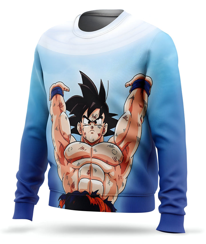 Un pull représentant Goku, un personnage de Dragon Ball Z, en train de se muscler. Il est vêtu d'un débardeur bleu et d'un pantalon orange. Il a les cheveux noirs et les yeux bleus. Le pull est bleu et blanc.,PU-7260923687,PU-0170386813,PU-1090067518,PU-7376713441,PU-3153622779,PU-4740011476,PU-7354805912,PU-1453065091