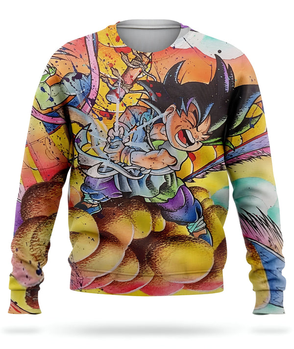 Une image d'un sweat-shirt Dragon Ball Z. Le sweat-shirt est jaune et bleu avec une image de Goku, le personnage principal de la série, en train de se battre contre un autre personnage.,PU-9138444739,PU-8944019886,PU-9030142383,PU-8150002812,PU-4938399938,PU-9892213564