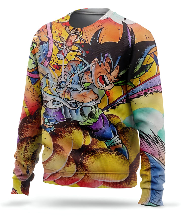 L'image représente un sweat-shirt à manches longues avec un imprimé coloré de Son Goku, un personnage de la série animée Dragon Ball Z. Il est vêtu de sa combinaison orange et bleue et est en train de se battre contre un adversaire. Le sweat-shirt est disponible en plusieurs tailles et couleurs.,PU-9138444739,PU-8944019886,PU-9030142383,PU-8150002812,PU-4938399938,PU-9892213564