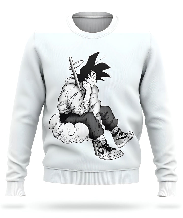 Le sweat-shirt blanc représente Son Goku, un personnage de la série animée japonaise Dragon Ball Z. Il est assis sur un nuage, tenant un bâton à la main. Il porte une auréole et des baskets Nike.,PU-2691482332,PU-753069216X,PU-8460523845,PU-9312327569,PU-607417525X,PU-0701817992,PU-927301559X,PU-6028822086,PU-3261906154,PU-5245114402,PU-0621167207,PU-7935549605,PU-6028343277,PU-0241883555,PU-5991527725,PU-5087677304