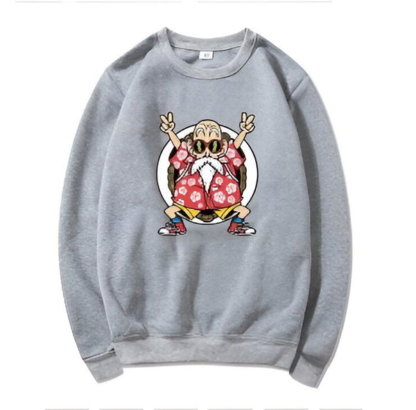 Le sweat-shirt gris représente le personnage de Tortue Géniale, un personnage de la série animée Dragon Ball Z. Il est vêtu d'un short orange, d'une chemise hawaïenne rose et de lunettes de soleil. Il a les cheveux blancs et une longue barbe blanche. Il est en train de faire le signe de la paix avec ses deux mains.