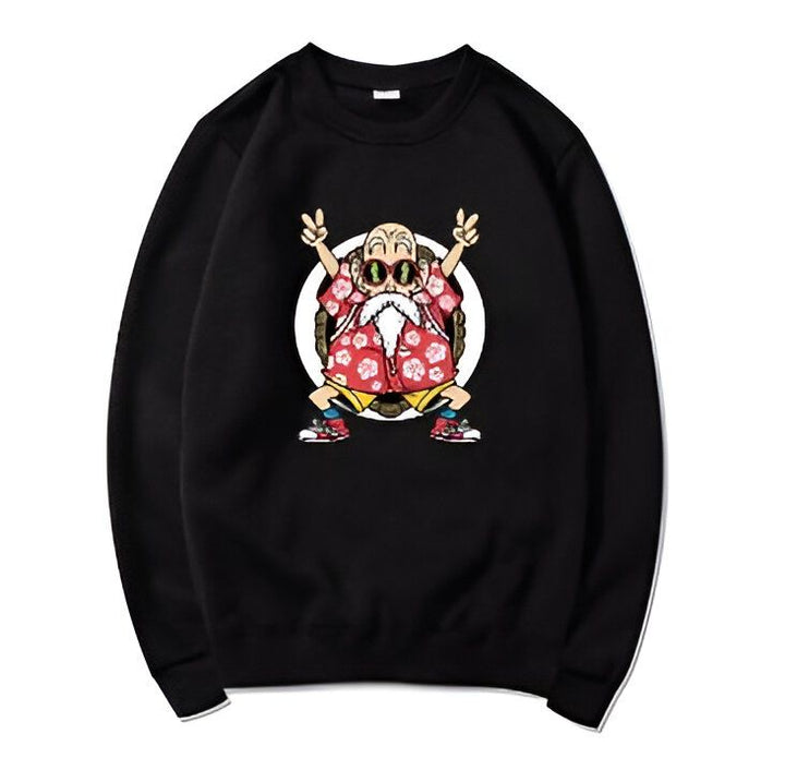Le sweat-shirt noir représente Tortue Géniale, un personnage de Dragon Ball Z. Il porte une chemise hawaïenne rouge et blanche, un short orange et des baskets jaunes. Il a les cheveux blancs et une longue barbe blanche. Il est en train de faire le signe de la paix avec ses deux mains.