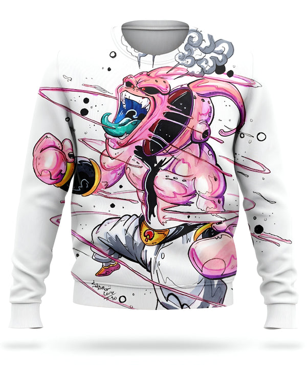 L'image représente un sweat-shirt blanc avec un personnage de dessin animé imprimé dessus. Le personnage est Majin Buu, un personnage de la série Dragon Ball Z. Il est rose et a une grande bouche avec des dents pointues. Il est en train de crier et de tirer la langue. Le sweat-shirt est disponible en plusieurs tailles et peut être acheté en ligne.,PU-1593172877,PU-3645535365,PU-8285867218,PU-0417390335,PU-136624415X,PU-1055042350