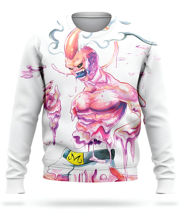 L'image représente un sweat-shirt blanc avec un personnage de Dragon Ball Z, Majin Buu, en train de se transformer. Il est rose et a des muscles saillants. Il porte un pantalon blanc et une ceinture jaune. Le sweat-shirt est disponible en plusieurs tailles et peut être acheté en ligne.,PU-9683452477,PU-4571775792,PU-0899620809,PU-5192141788,PU-9616976753,PU-2613224770,PU-1385583304,PU-042108779X
