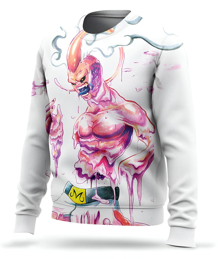 L'image représente un pull-over blanc avec un personnage de Dragon Ball Z, Majin Buu, en train de se transformer. Il est rose et a des muscles saillants. Il porte un pantalon blanc et une ceinture jaune. Le pull-over est disponible en plusieurs tailles et peut être acheté en ligne.,PU-9683452477,PU-4571775792,PU-0899620809,PU-5192141788,PU-9616976753,PU-2613224770,PU-1385583304,PU-042108779X
