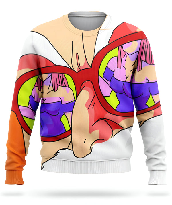 Un pull de Noël blanc avec une image d'un homme portant des lunettes de soleil. Dans les verres, il y a une image d'une femme en bikini. Le pull est orange au niveau des manches.,PU-3580792571,PU-590129484X,PU-845202729X,PU-8704274830,PU-1298808804,PU-2851265660,PU-1123047197,PU-1935311182
