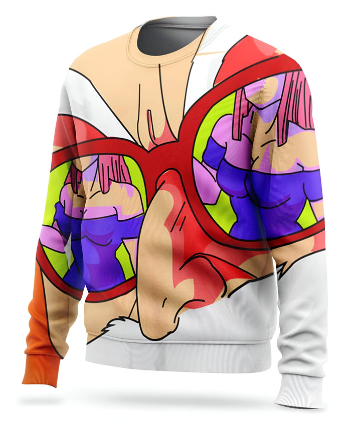 Un pull de Noël blanc avec une image de Rick Sanchez de la série animée Rick et Morty. Il porte des lunettes de soleil rouges qui reflètent l'image d'une femme en bikini.,PU-3580792571,PU-590129484X,PU-845202729X,PU-8704274830,PU-1298808804,PU-2851265660,PU-1123047197,PU-1935311182