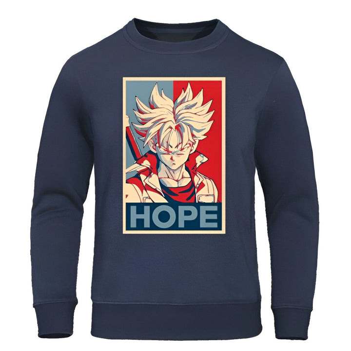 Le sweat-shirt bleu marine présente un imprimé du personnage de Dragon Ball Z, Trunks, avec le texte "Hope" (espoir) écrit en dessous.,PU-9394617531,PU-6579916974,PU-5123065261,PU-4313259503,PU-4350256067,PU-6344635991,PU-5583512970,PU-9573744775,PU-7176914044,PU-6710873765,PU-3797483864,PU-4839684103,PU-6388966179,PU-9403195266,PU-9704518986,PU-6690096122,PU-588750739X,PU-5251678231,PU-4688745435,PU-1608087212,PU-870067477X,PU-1766630758,PU-6718106682,PU-0685026019,PU-0621607290