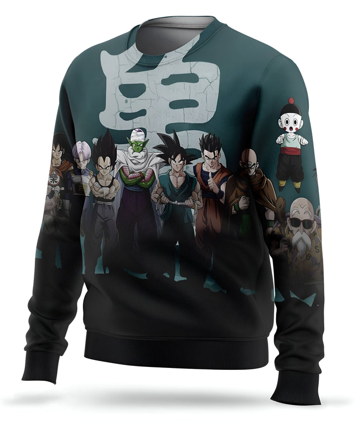 Le pull représente les personnages du manga Dragon Ball Z. On peut y voir Goku, Vegeta, Piccolo, Gohan, Trunks, Krilin, Yamcha et Maître Roshi.,PU-342529993X,PU-4268658548,PU-3758899761,PU-4565486954,PU-0260872849,PU-7148762529,PU-8316027682,PU-2775042384