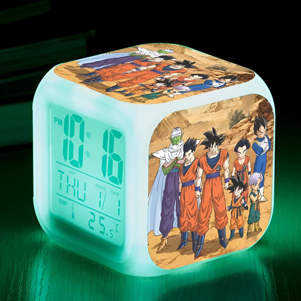 Une horloge numérique verte avec une image de Son Goku et de ses amis.,RS-0012069256