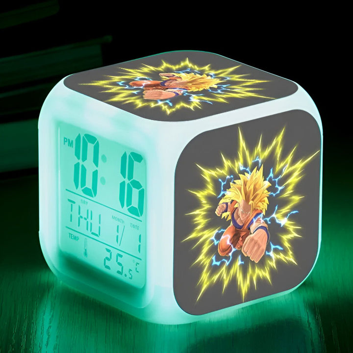 Une horloge numérique verte avec une image de Son Goku, un personnage de Dragon Ball Z.,RS-7212656321