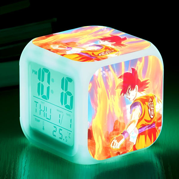 Une horloge numérique verte avec une image de Son Goku, un personnage de Dragon Ball Z. L'horloge affiche l'heure, la date et la température.,RS-6402180157