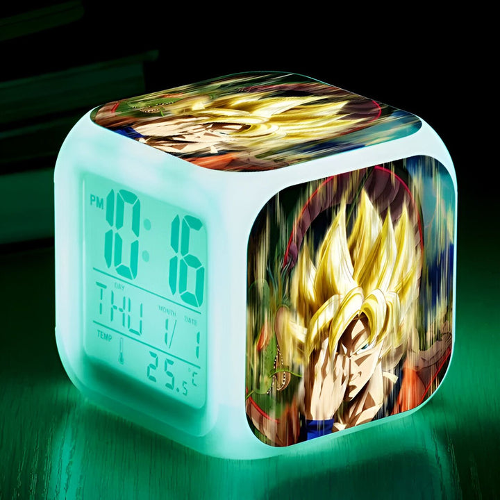 Une horloge numérique verte avec une image de Son Goku, un personnage de Dragon Ball Z.,RS-3665986680