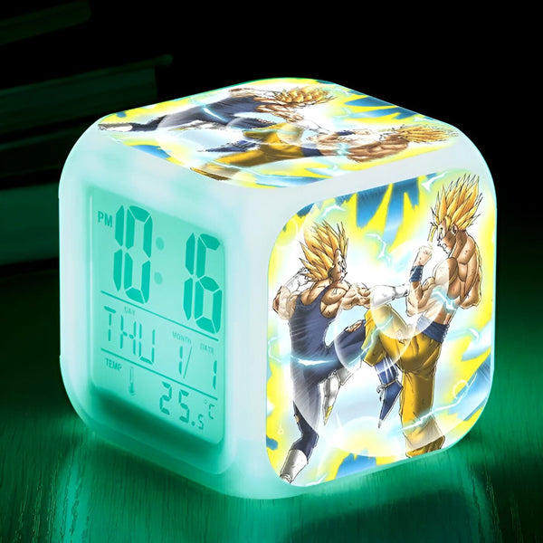 Une horloge numérique verte avec une image de Son Goku et Vegeta en train de se battre.,RS-9673966656