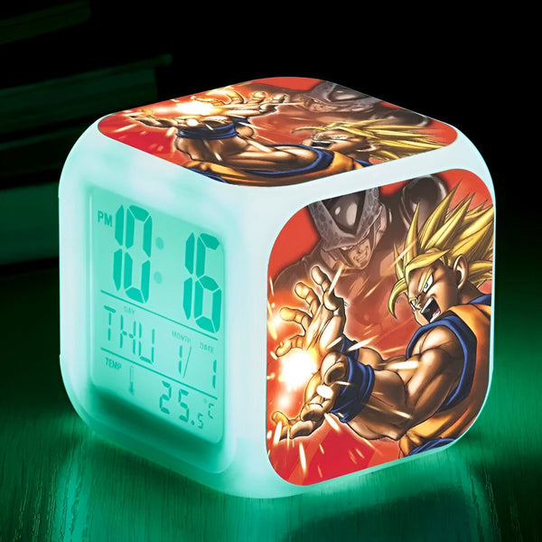 Une horloge numérique verte avec une image de Son Goku et Vegeta en train de se battre.,RS-6659267239