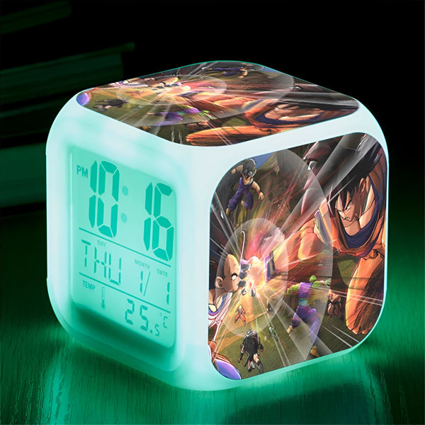 Une horloge numérique verte avec une image de Son Goku et Vegeta en train de se battre.,RS-9769842893