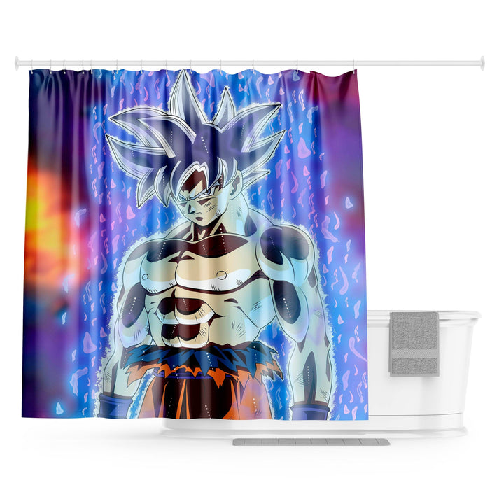 Une illustration de Son Goku, un personnage de la série animée Dragon Ball. Il est représenté avec les cheveux bleus et les yeux bleus, et porte une combinaison orange et bleue. Il est entouré d'une aura bleue et blanche.,RI-2936410711,RI-580287595X,RI-6844010923,RI-6126155432,RI-6780090646