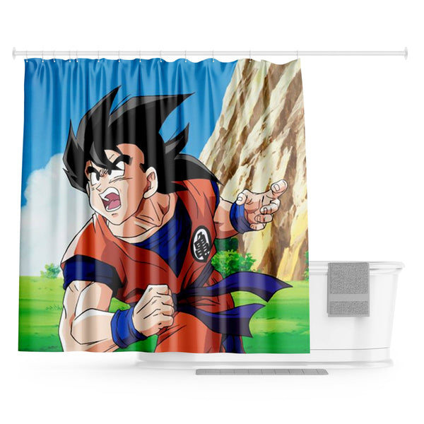 Une image de Son Goku, un personnage de la série animée Dragon Ball Z. Il est représenté en train de courir vers la droite, avec un poing en avant et l'autre poing fermé sur sa hanche. Il porte son costume orange et bleu caractéristique, avec une ceinture bleue et des bottes orange. Le fond de l'image est constitué d'un ciel bleu avec des nuages blancs, de montagnes et d'un pré vert.,RI-4823283929,RI-3274405272,RI-1256822043,RI-0131942336,RI-3717127411
