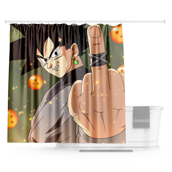 Une image de Son Goku, un personnage de la série animée Dragon Ball Z, faisant un doigt d'honneur. Il est entouré de boules de cristal.,RI-2952166161,RI-9865400901,RI-4471243527,RI-0523070926,RI-0473182408