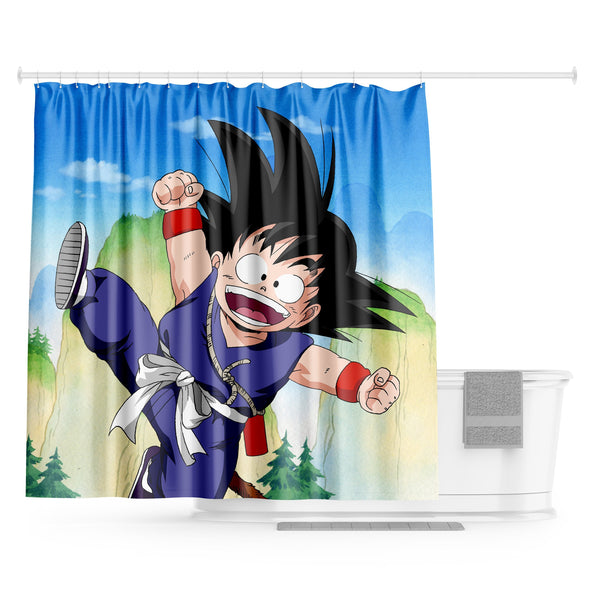 Une illustration de Son Goku, un personnage de la série animée Dragon Ball Z. Il est représenté en train de voler dans les airs, avec un grand sourire sur le visage. Il porte son costume de combat orange et bleu, et sa ceinture bleue. En arrière-plan, on peut voir des montagnes et des arbres.,RI-3039521802,RI-4305819708,RI-9903466242,RI-8193750705,RI-3486479377