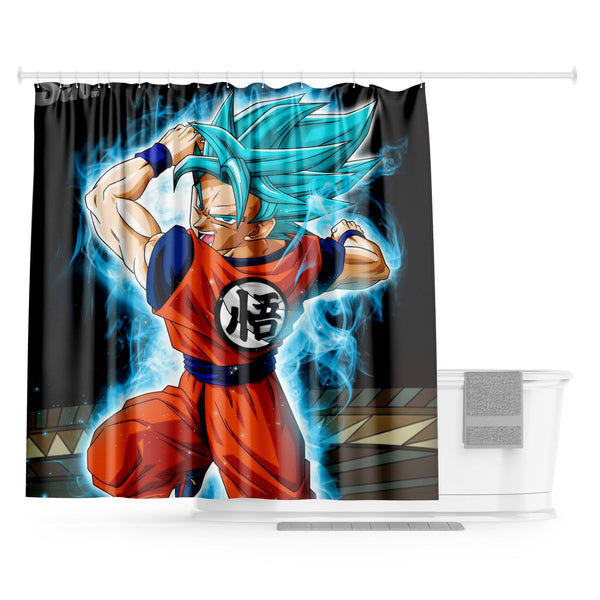 Une illustration de Son Goku, un personnage de la série animée Dragon Ball Z. Il est représenté en train de se battre, avec ses cheveux bleus hérissés et une aura bleue l'entourant.,RI-3111661520,RI-587591999X,RI-4589189828,RI-510583691X,RI-634108725X