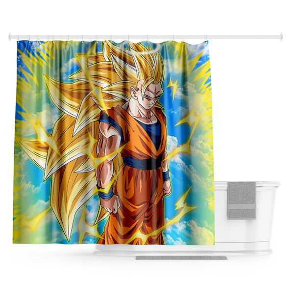 Une image de Son Goku, un personnage de la série animée Dragon Ball Z. Il est représenté en train de se transformer en Super Saiyan, avec ses cheveux qui deviennent jaunes et ses yeux qui deviennent bleus. Il est entouré d'éclairs et de nuages.,RI-8261238482,RI-1211703282,RI-4296494589,RI-901932425X,RI-2409385923