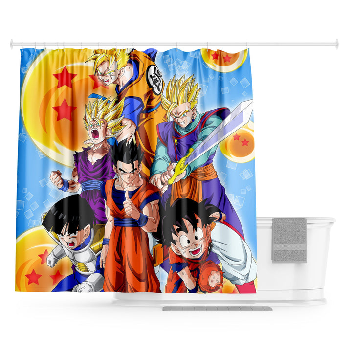 Une image de Son Goku, Vegeta, Gohan, Trunks, Goten et Krilin, des personnages de la série animée Dragon Ball Z. Ils sont représentés en train de se battre contre un ennemi invisible. L'arrière-plan est bleu et orange, et il y a des étoiles à quatre branches rouges et des boules de cristal oranges éparpillées dans l'image.,RI-6672872566,RI-0225458543,RI-3240364964,RI-0467999392,RI-5445064727
