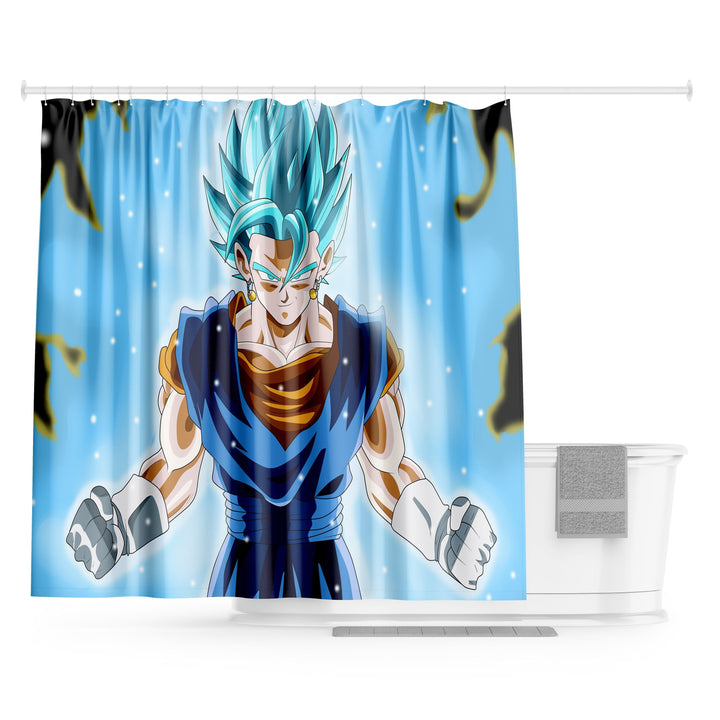 Une illustration de Vegeta, un personnage de la série animée Dragon Ball Z. Il est représenté en train de se transformer en Super Saiyan Blue, une transformation qui lui donne des cheveux bleus et une aura bleue. Il est entouré d'un fond bleu et blanc.,RI-1707297320,RI-0059567902,RI-8541410226,RI-8417308938,RI-6293496795