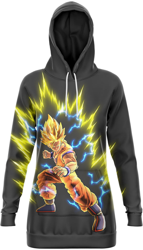Une image d'un sweat à capuche noir avec un personnage de dessin animé japonais, Son Goku, en train de se battre. Il est entouré d'éclairs jaunes.,RO-9057537435,RO-5639936428,RO-3011389993,RO-367776369X,RO-4728472663,RO-9713587359,RO-8433783211,RO-7695324787