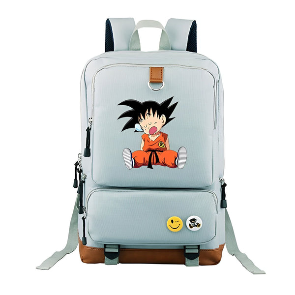 Le sac à dos est gris avec une image de Son Goku, un personnage de Dragon Ball Z. Il est endormi et porte sa tenue orange et bleue.,SA-7503623853,SA-7404629039